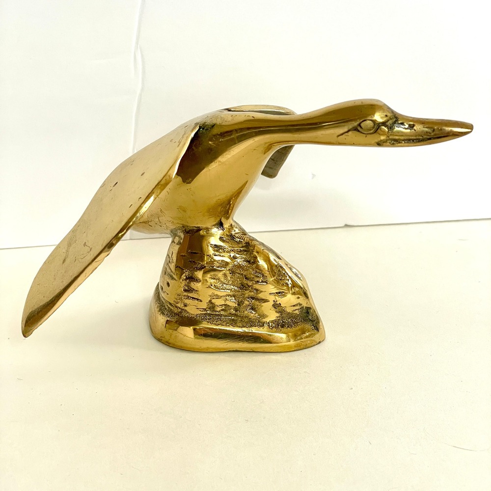 Vintage Solid Brass Goose Duck Figurine Mid Century Modern Flying Bird Statue - Picture 2 of 6